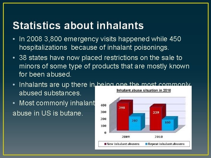 Statistics about inhalants • In 2008 3, 800 emergency visits happened while 450 hospitalizations