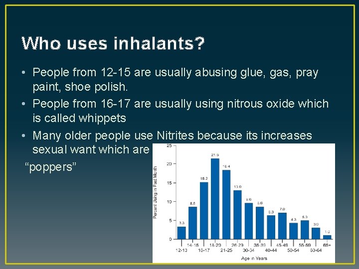 Who uses inhalants? • People from 12 -15 are usually abusing glue, gas, pray