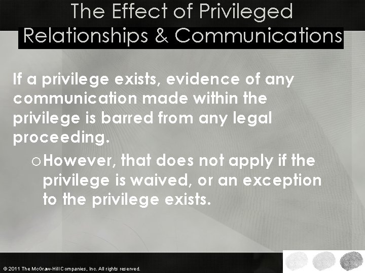 The Effect of Privileged Relationships & Communications If a privilege exists, evidence of any