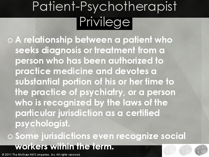 Patient-Psychotherapist Privilege o A relationship between a patient who seeks diagnosis or treatment from