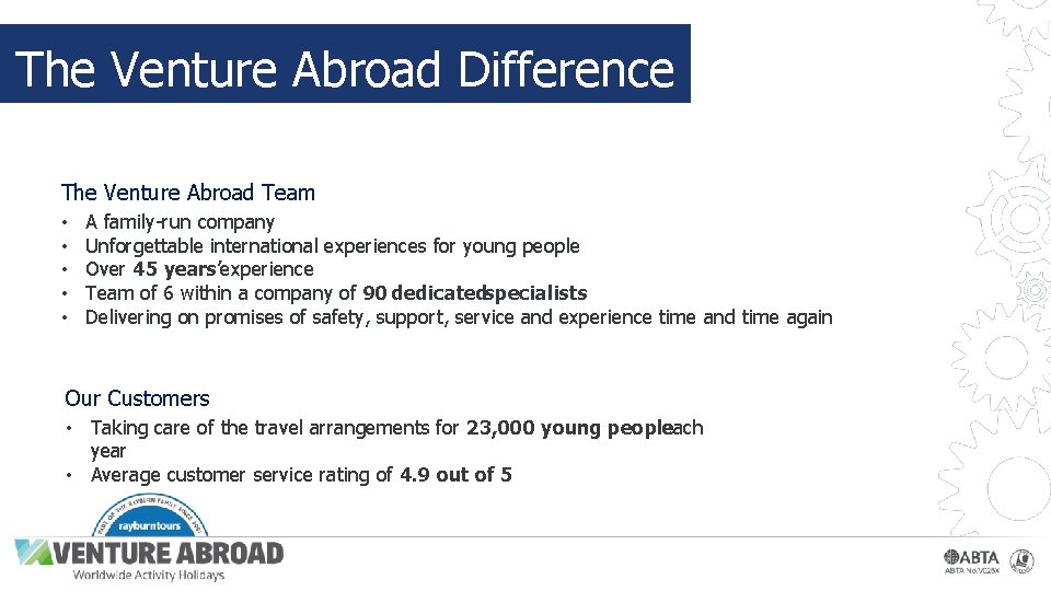 The Venture Abroad Difference The Venture Abroad Team • • • A family-run company