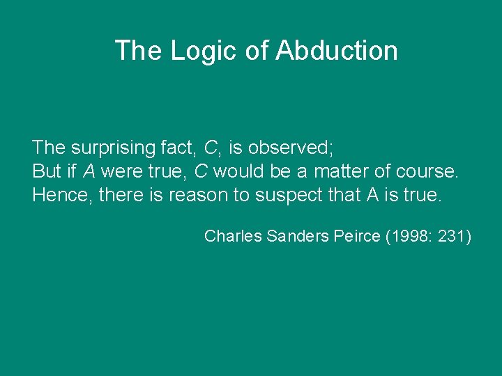 The Logic of Abduction The surprising fact, C, is observed; But if A were