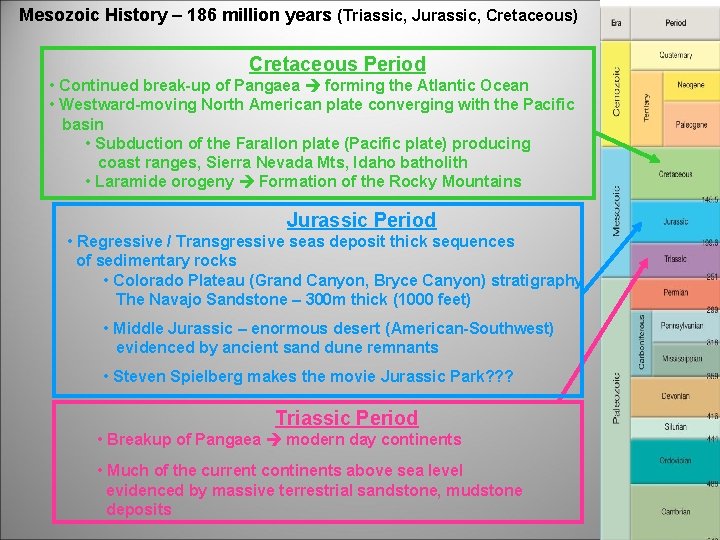 Mesozoic History – 186 million years (Triassic, Jurassic, Cretaceous) Cretaceous Period • Continued break-up