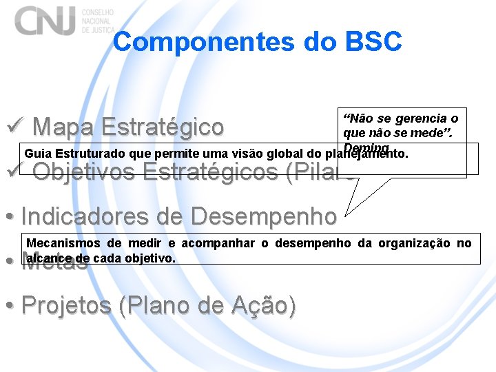 Componentes do BSC “Não se gerencia o que não se mede”. Deming Guia Estruturado