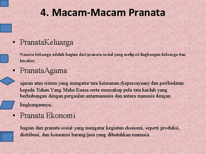 4. Macam-Macam Pranata • Pranata. Keluarga Pranata keluarga adalah bagian dari pranata sosial yang