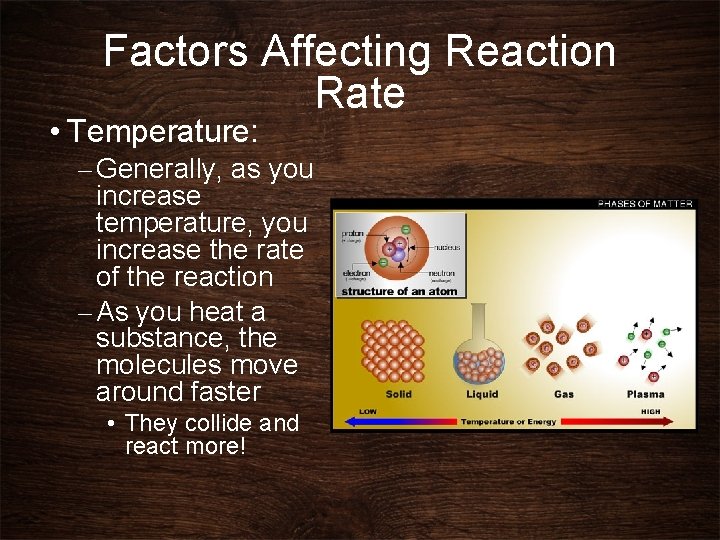 Factors Affecting Reaction Rate • Temperature: – Generally, as you increase temperature, you increase