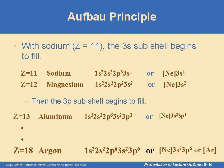Aufbau Principle • With sodium (Z = 11), the 3 s sub shell begins