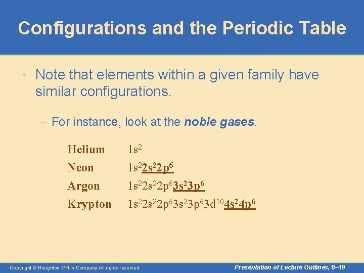 Configurations and the Periodic Table • Note that elements within a given family have