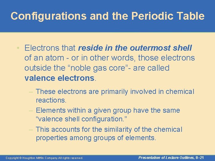 Configurations and the Periodic Table • Electrons that reside in the outermost shell of