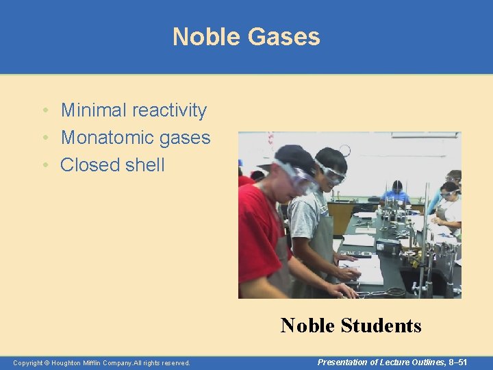 Noble Gases • Minimal reactivity • Monatomic gases • Closed shell Noble Students Copyright