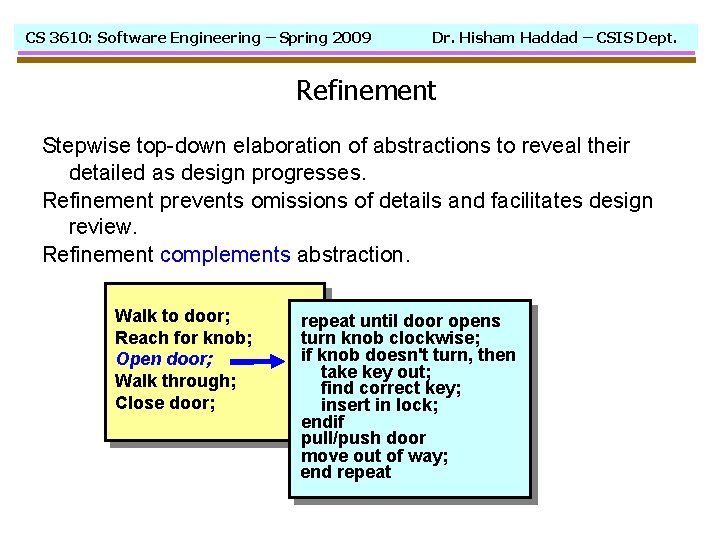 CS 3610: Software Engineering – Spring 2009 Dr. Hisham Haddad – CSIS Dept. Refinement