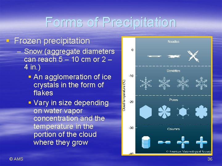 Forms of Precipitation § Frozen precipitation – Snow (aggregate diameters can reach 5 –