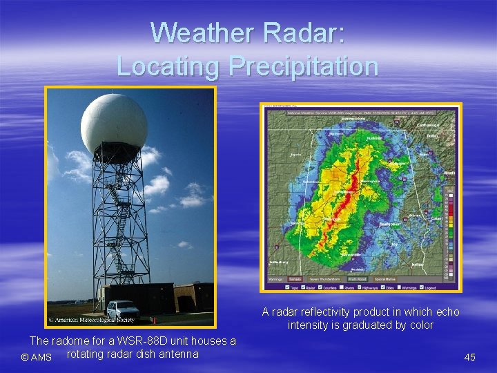 Weather Radar: Locating Precipitation A radar reflectivity product in which echo intensity is graduated