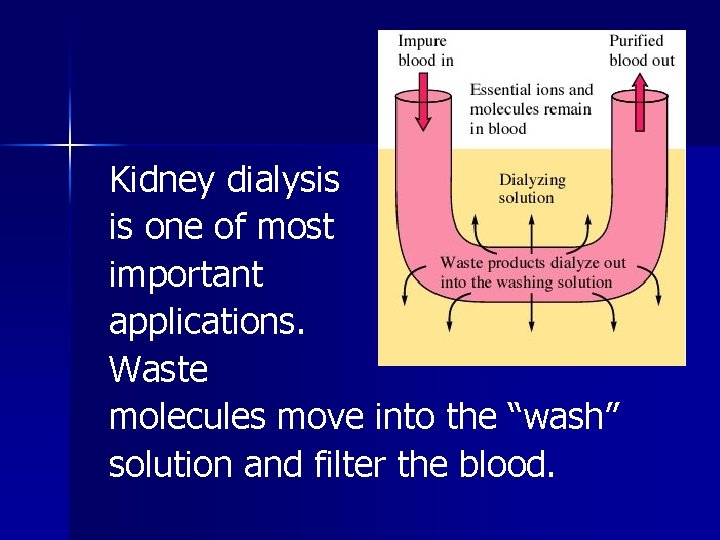 Kidney dialysis is one of most important applications. Waste molecules move into the “wash”