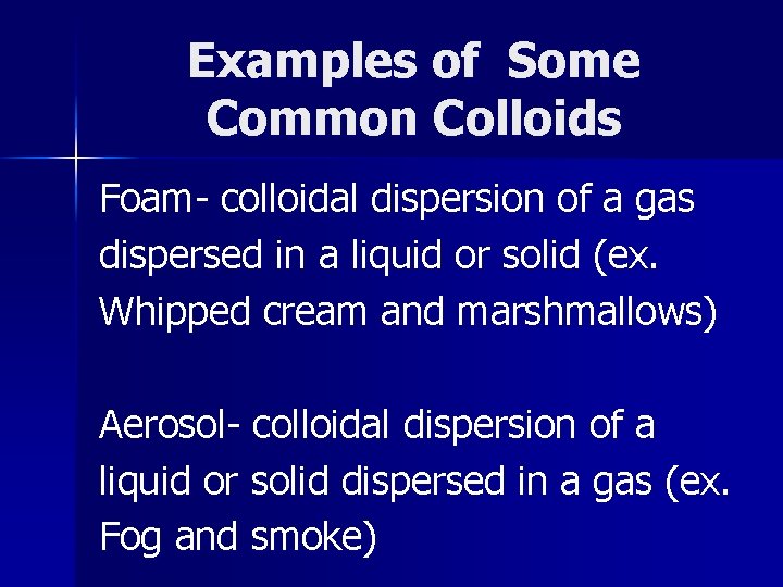 Examples of Some Common Colloids Foam- colloidal dispersion of a gas dispersed in a