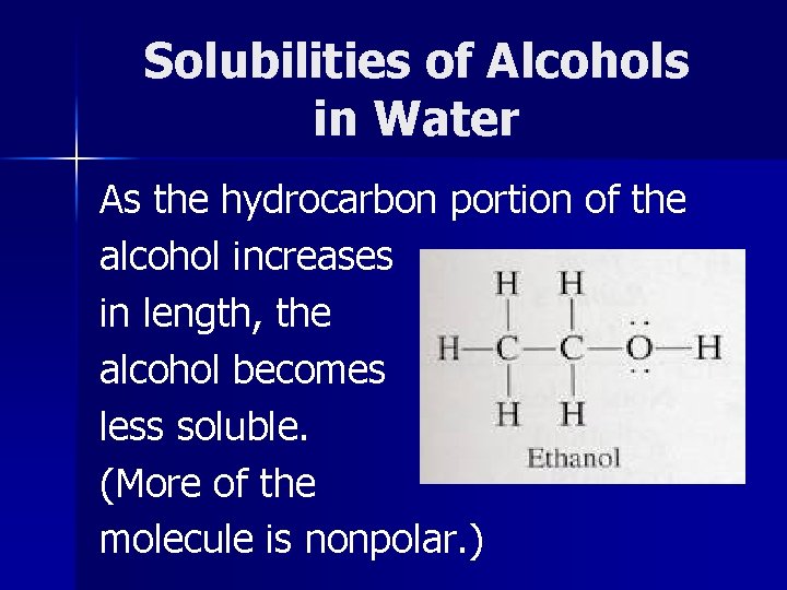 Solubilities of Alcohols in Water As the hydrocarbon portion of the alcohol increases in