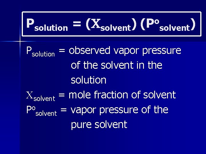 Psolution = ( solvent) (Posolvent) Psolution = observed vapor pressure of the solvent in