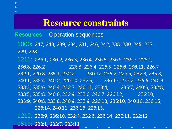 Resource constraints Resources Operation sequences 1000: 247, 243, 239, 234, 231, 246, 242, 238,