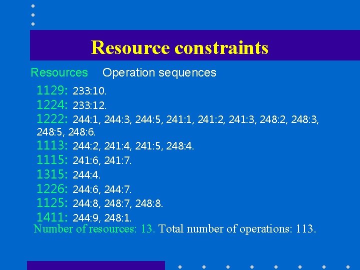 Resource constraints Resources Operation sequences 1129: 233: 10. 1224: 233: 12. 1222: 244: 1,