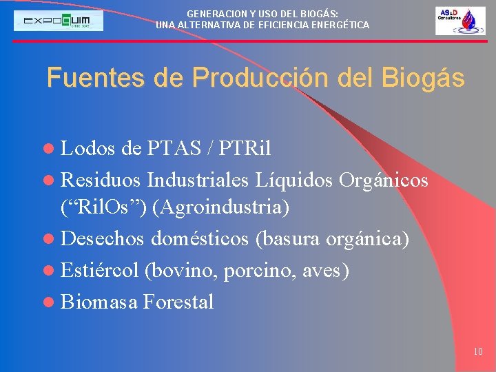 GENERACION Y USO DEL BIOGÁS: UNA ALTERNATIVA DE EFICIENCIA ENERGÉTICA Fuentes de Producción del