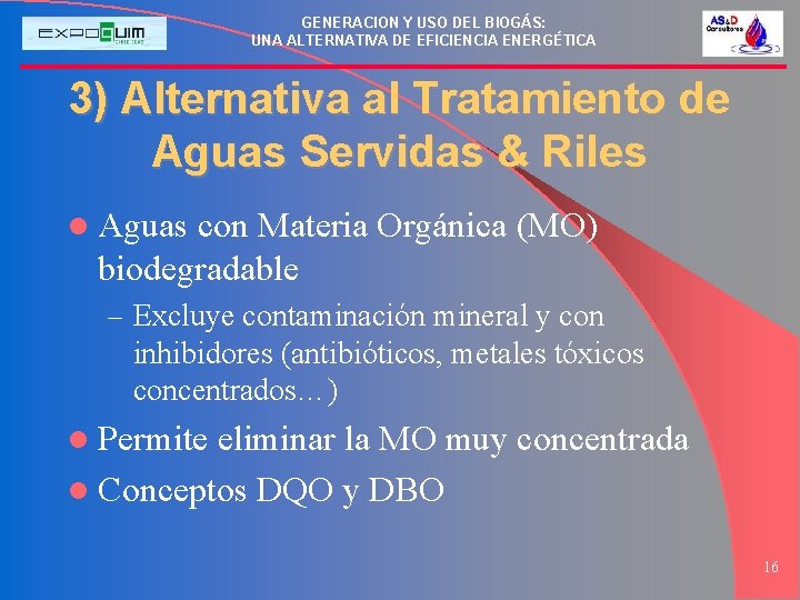 GENERACION Y USO DEL BIOGÁS: UNA ALTERNATIVA DE EFICIENCIA ENERGÉTICA 3) Alternativa al Tratamiento