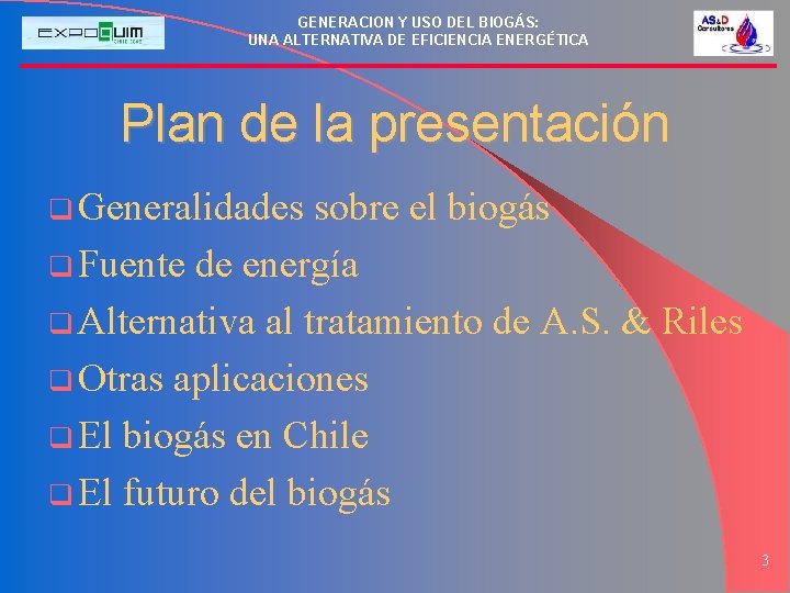 GENERACION Y USO DEL BIOGÁS: UNA ALTERNATIVA DE EFICIENCIA ENERGÉTICA Plan de la presentación