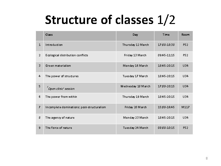 Structure of classes 1/2 Class Day Time Room Thursday 12 March 17: 00 -18: