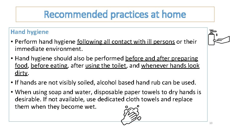 Recommended practices at home Hand hygiene • Perform hand hygiene following all contact with