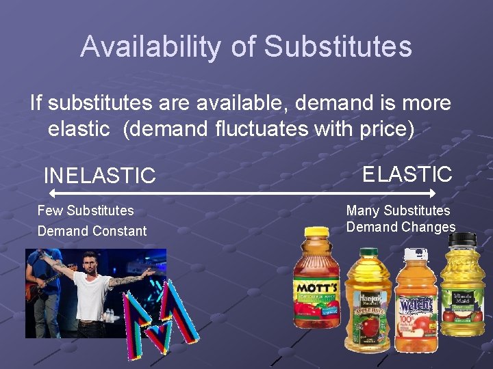 Availability of Substitutes If substitutes are available, demand is more elastic (demand fluctuates with