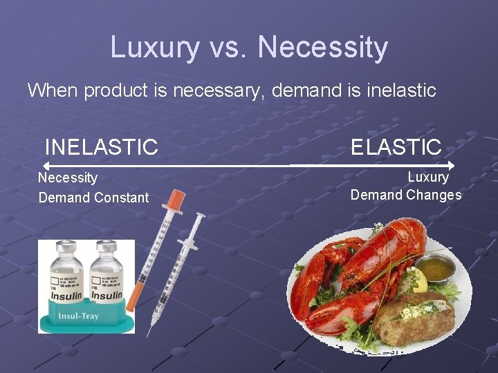 Luxury vs. Necessity When product is necessary, demand is inelastic INELASTIC Necessity Demand Constant