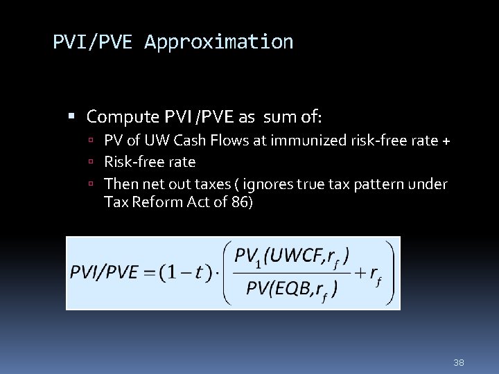 PVI/PVE Approximation Compute PVI /PVE as sum of: PV of UW Cash Flows at
