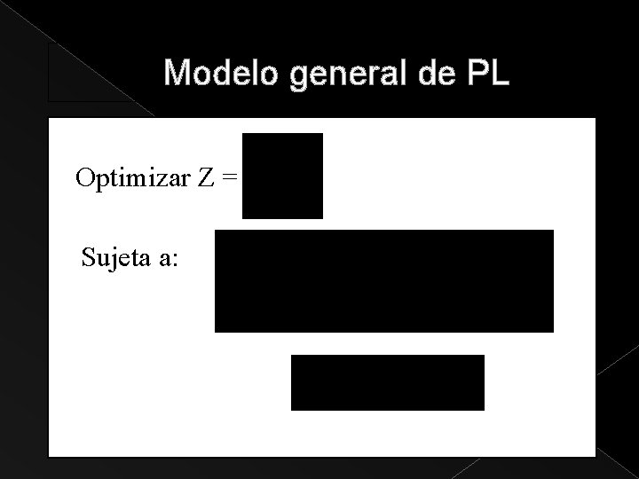 Modelo general de PL Optimizar Z = Sujeta a: 