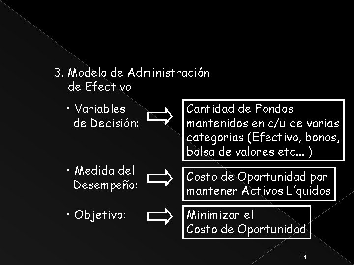 3. Modelo de Administración de Efectivo • Variables de Decisión: • Medida del Desempeño: