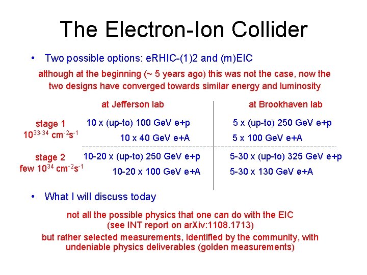 The Electron-Ion Collider • Two possible options: e. RHIC-(1)2 and (m)EIC although at the