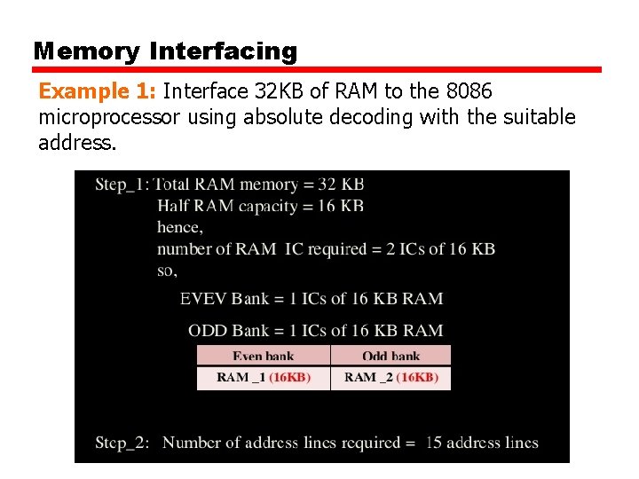 Memory Interfacing Example 1: Interface 32 KB of RAM to the 8086 microprocessor using