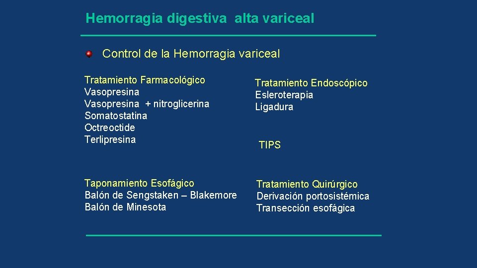 Hemorragia digestiva alta variceal Control de la Hemorragia variceal Tratamiento Farmacológico Vasopresina + nitroglicerina