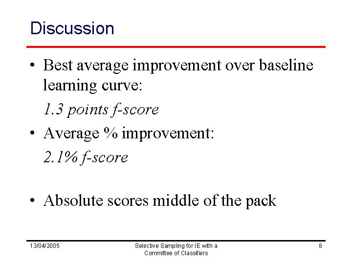 Discussion • Best average improvement over baseline learning curve: 1. 3 points f-score •
