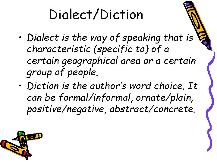 Dialect/Diction • Dialect is the way of speaking that is characteristic (specific to) of