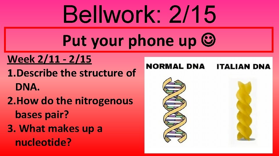 Bellwork: 2/15 Put your phone up Week 2/11 - 2/15 1. Describe the structure