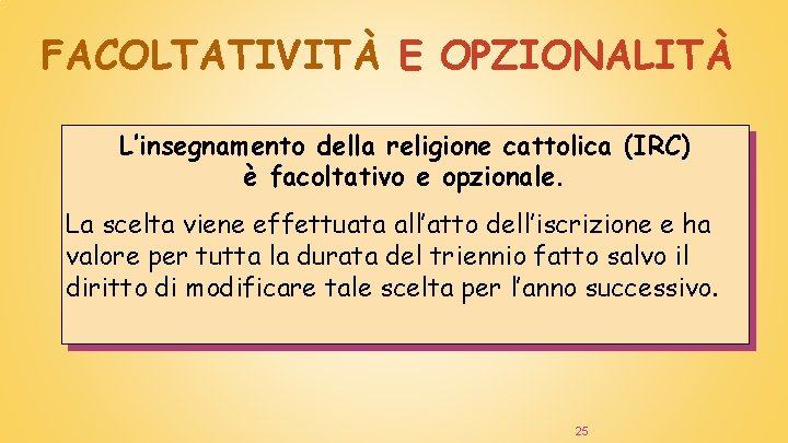 FACOLTATIVITÀ E OPZIONALITÀ L’insegnamento della religione cattolica (IRC) è facoltativo e opzionale. La scelta