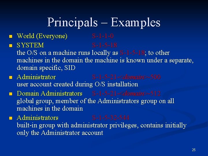 Principals – Examples n n n World (Everyone) S-1 -1 -0 SYSTEM S-1 -5