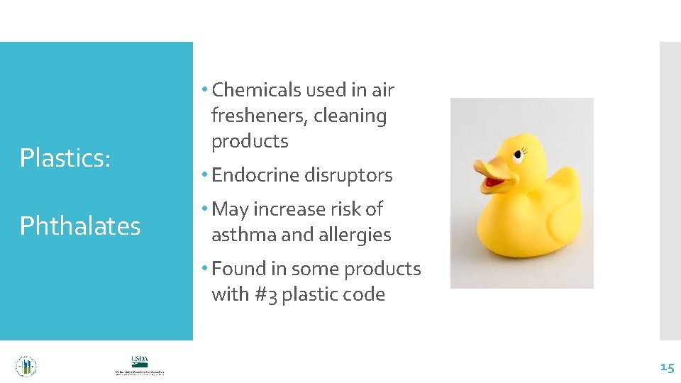 Plastics: Phthalates • Chemicals used in air fresheners, cleaning products • Endocrine disruptors •