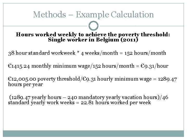 Methods – Example Calculation Hours worked weekly to achieve the poverty threshold: Single worker