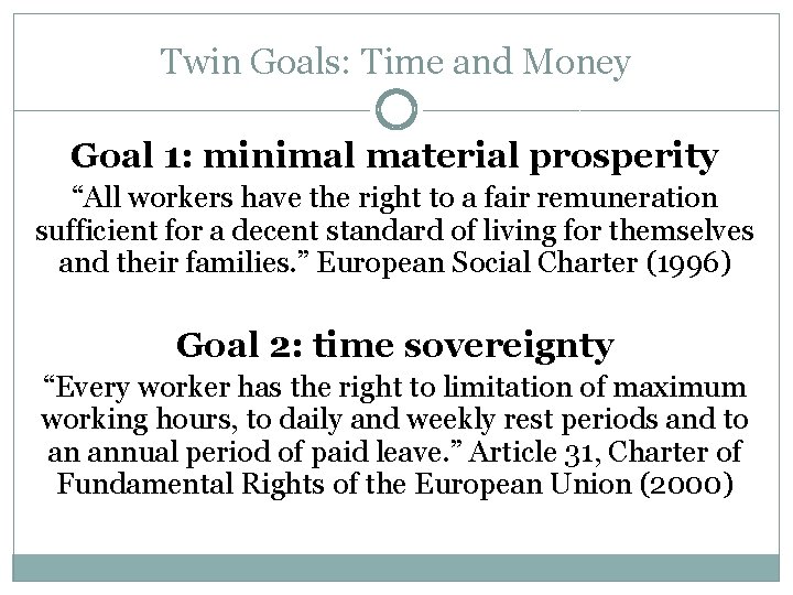 Twin Goals: Time and Money Goal 1: minimal material prosperity “All workers have the