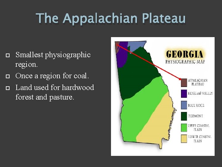 The Appalachian Plateau Smallest physiographic region. Once a region for coal. Land used for