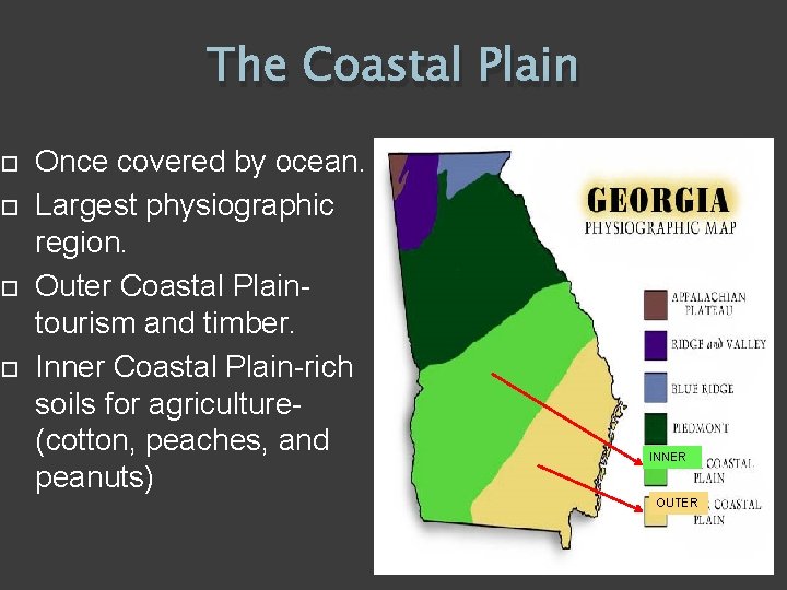  The Coastal Plain Once covered by ocean. Largest physiographic region. Outer Coastal Plaintourism