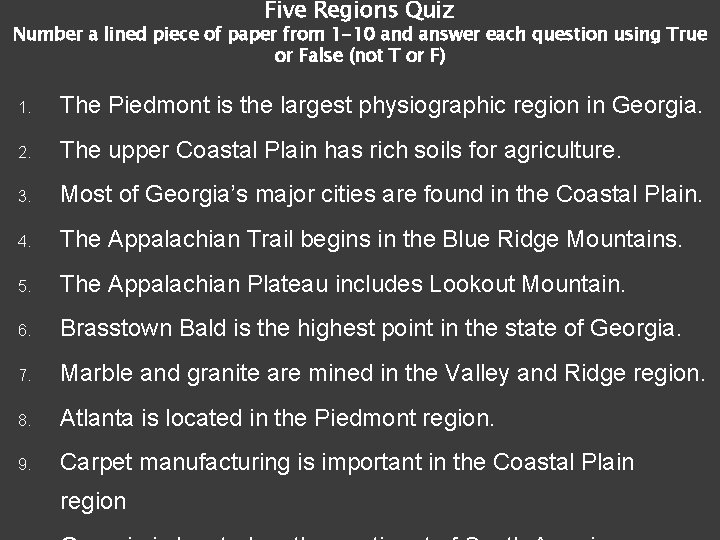 Five Regions Quiz Number a lined piece of paper from 1 -10 and answer