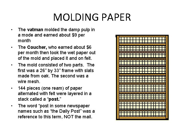 MOLDING PAPER • • • The vatman molded the damp pulp in a mode