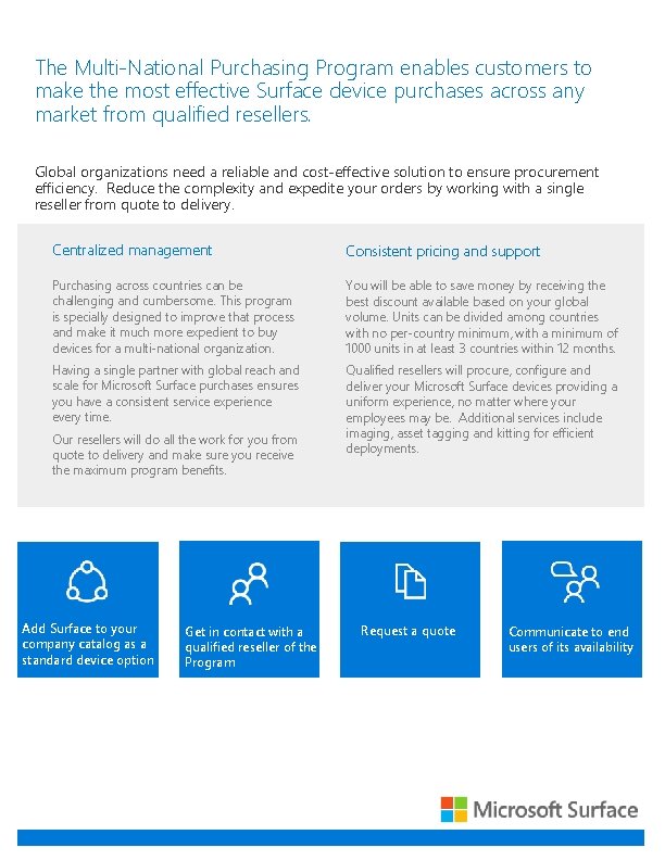 The Multi-National Purchasing Program enables customers to make the most effective Surface device purchases