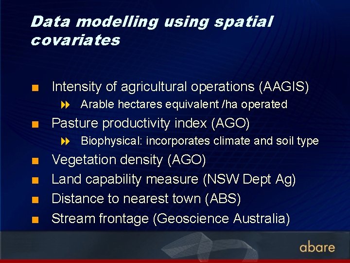 Data modelling using spatial covariates < Intensity of agricultural operations (AAGIS) 8 Arable hectares